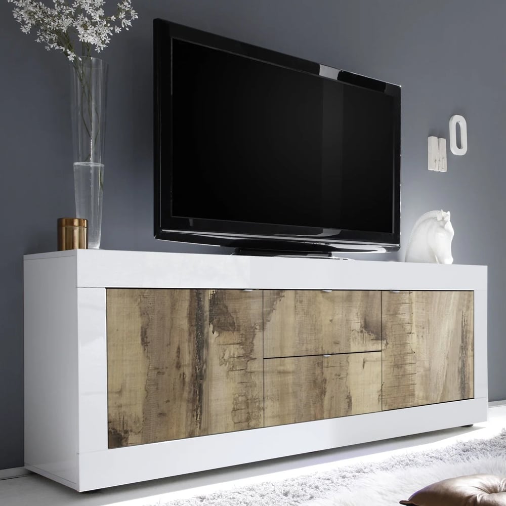 Taylor White Gloss TV Sideboard With 2 Door 2 Drawer In Pero