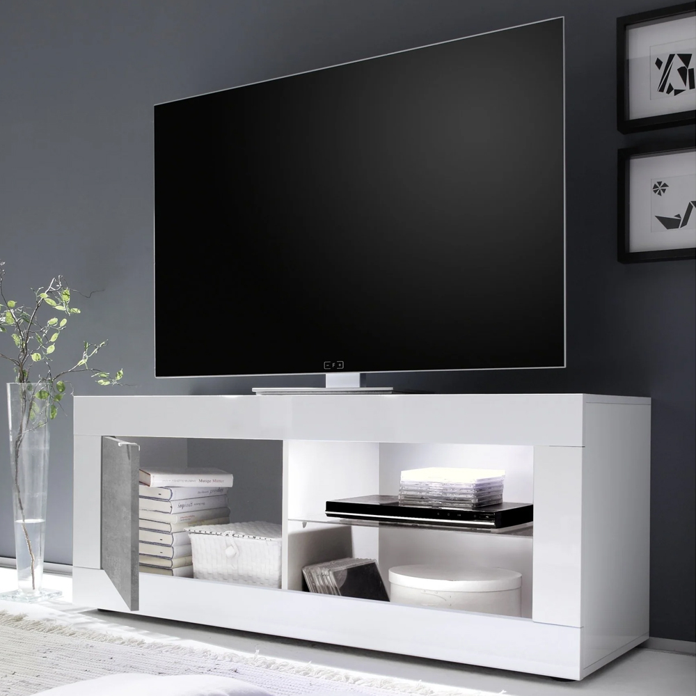 Taylor White Gloss TV Stand 1 Door In Cement With LED