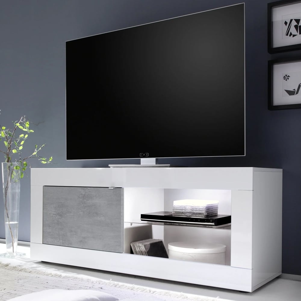 Taylor White Gloss TV Stand 1 Door In Cement With LED