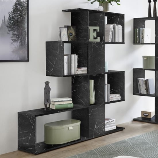 Product photograph of Taze Wooden Shelving Bookcase In Matt Black Marble Effect from Furniture in Fashion