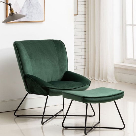 Photo of Teagan velvet upholstered accent chair in green with footstool