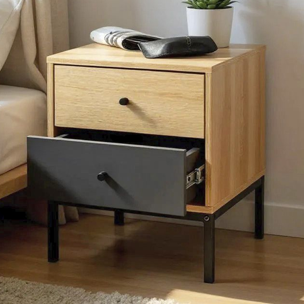 Teaneck Wooden Bedside Cabinet With 2 Drawers In Oak