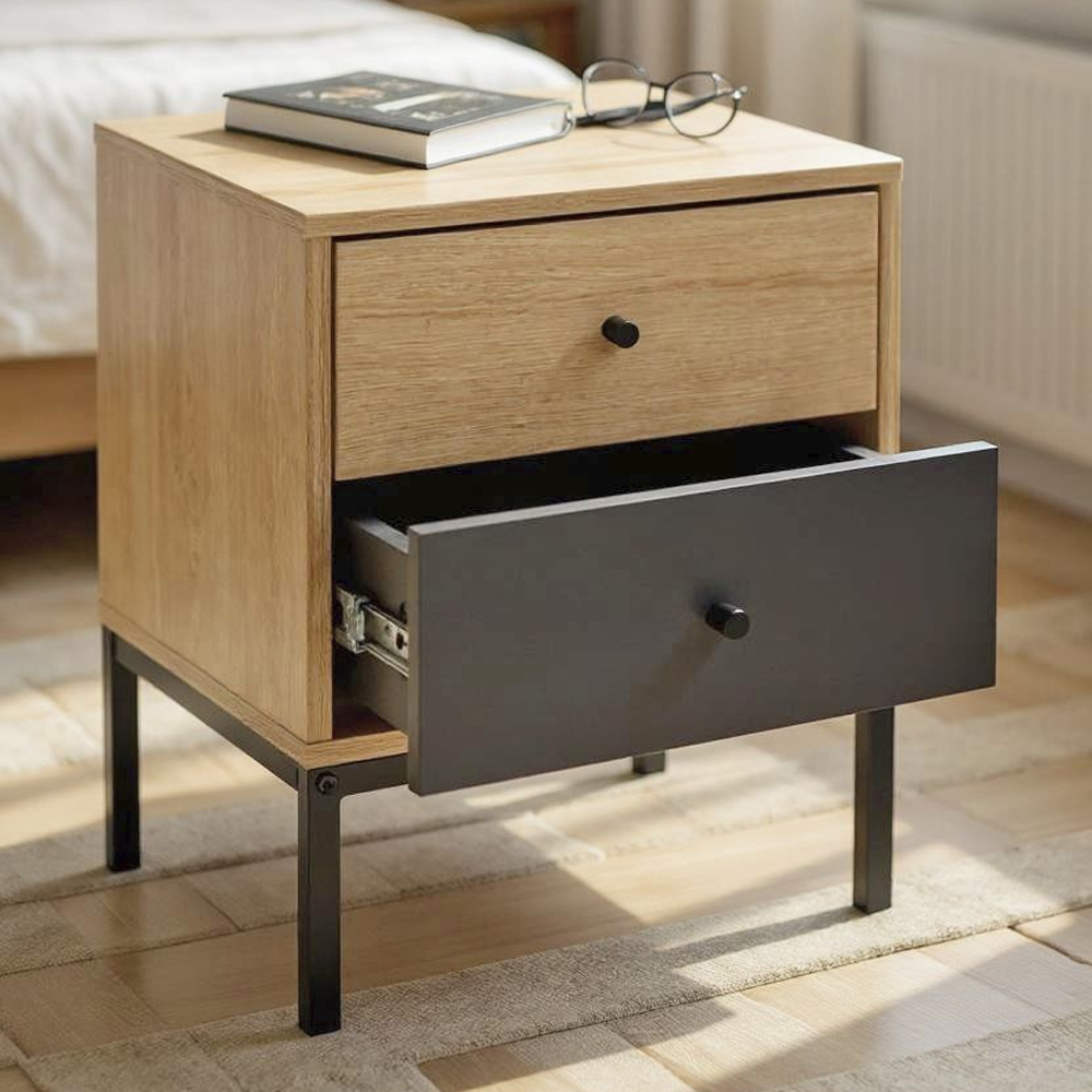 Teaneck Wooden Bedside Cabinet With 2 Drawers In Oak