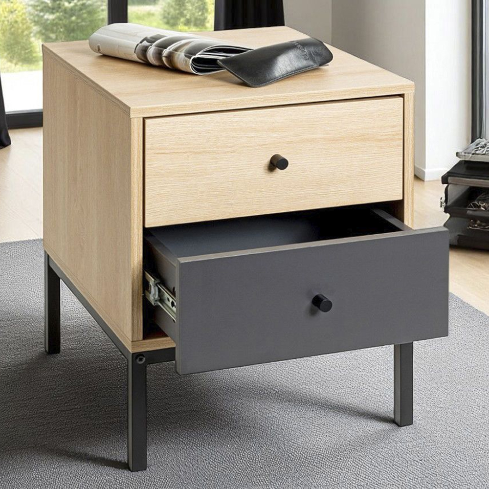 Teaneck Wooden Bedside Cabinet With 2 Drawers In Oak
