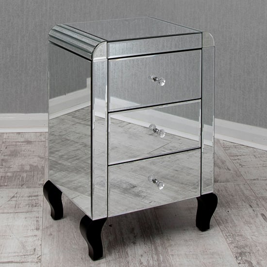 Teara Clear Glass Bedside Cabinet With 3 Drawers In Mirrored