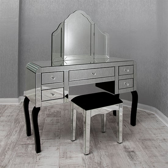 Read more about Teara clear glass dressing table with mirror and stool