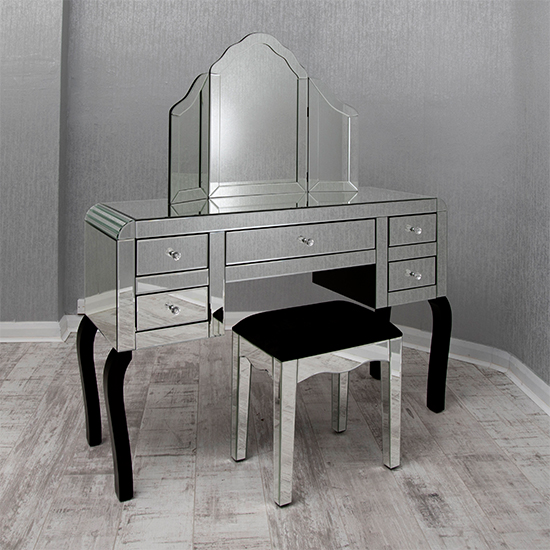 Product photograph of Teara Clear Glass Dressing Table With Mirror And Stool from Furniture in Fashion