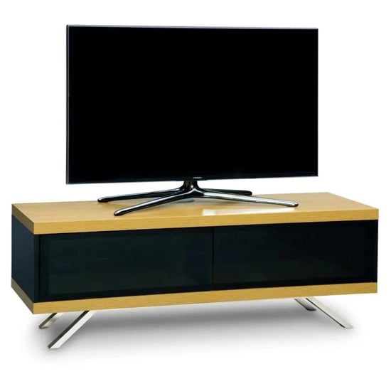 Photo of Tavin high gloss tv stand with 2 storage compartments in oak