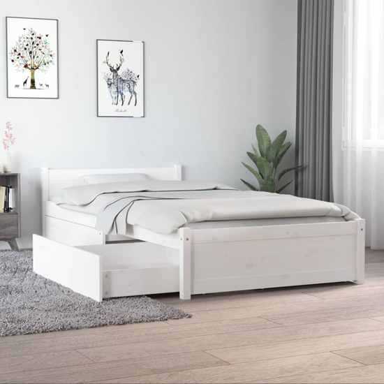 teela pine wood single bed with drawers in white