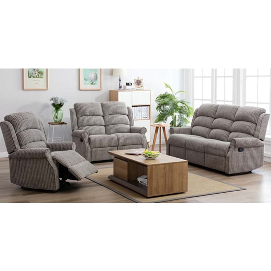 Read more about Tegmine 3 seater sofa and 2 armchairs reclining suite in latte