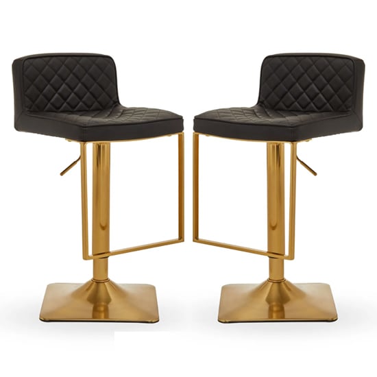 Read more about Baino black leather bar chairs with gold footrest in a pair