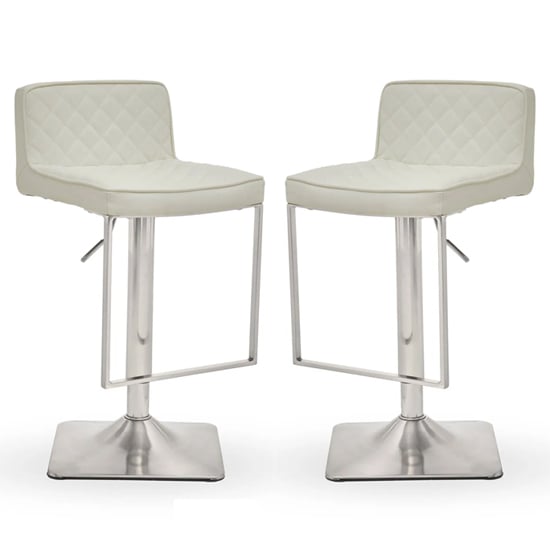 Photo of Baino white leather bar chairs with chrome footrest in a pair