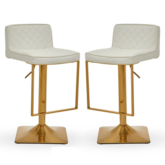 Teki White Faux Leather Bar Stools With Gold Base In Pair
