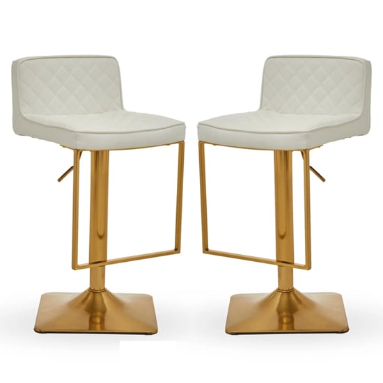 Read more about Baino white leather bar chairs with gold footrest in a pair