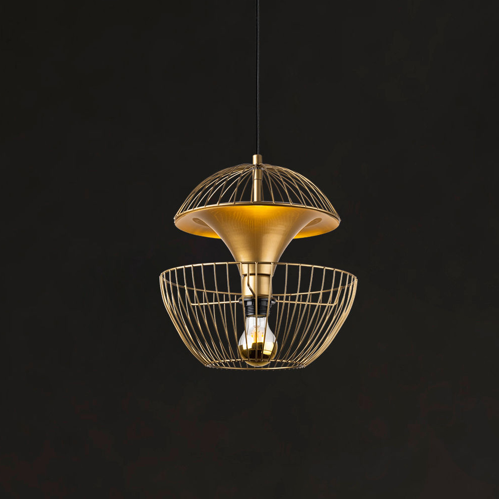 Teldamla 3 Light Metal Caged Dome Ceiling Pendant Light in Gold