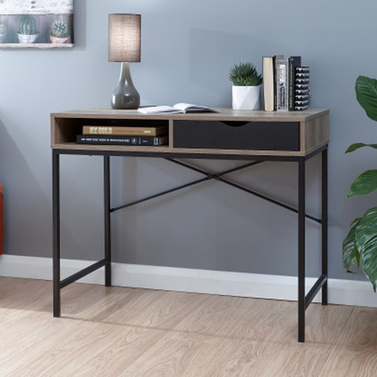 Read more about Thrupp wooden computer desk in dark oak and black drawer
