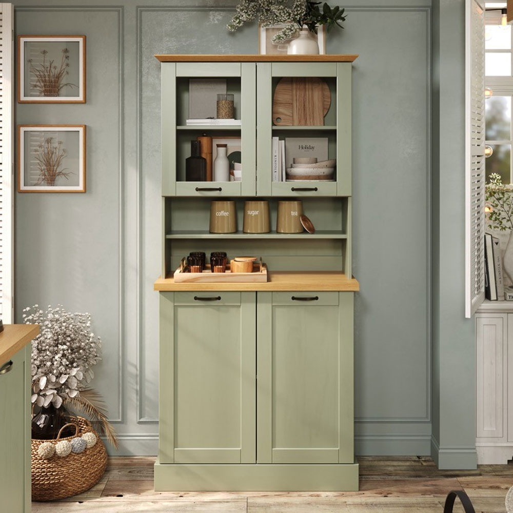 Telmira Wooden Coffee Station with 4 Doors in Sage Green and Stained Wax