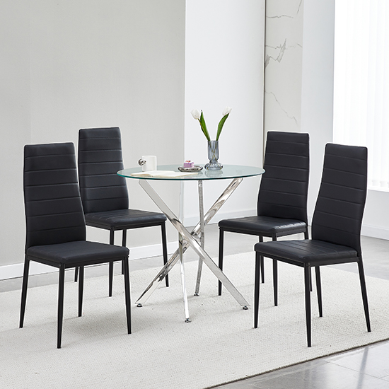 Tania Round Clear Glass Dining Table With 4 Oriel Black Chairs