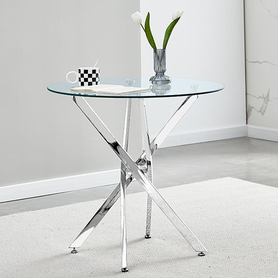 Tania Round Clear Glass Dining Table With Chrome Metal Legs_1