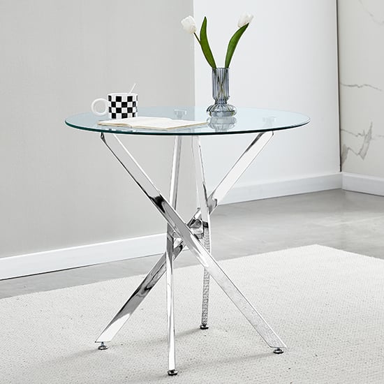 Product photograph of Tania Round Clear Glass Dining Table With Chrome Metal Legs from Furniture in Fashion