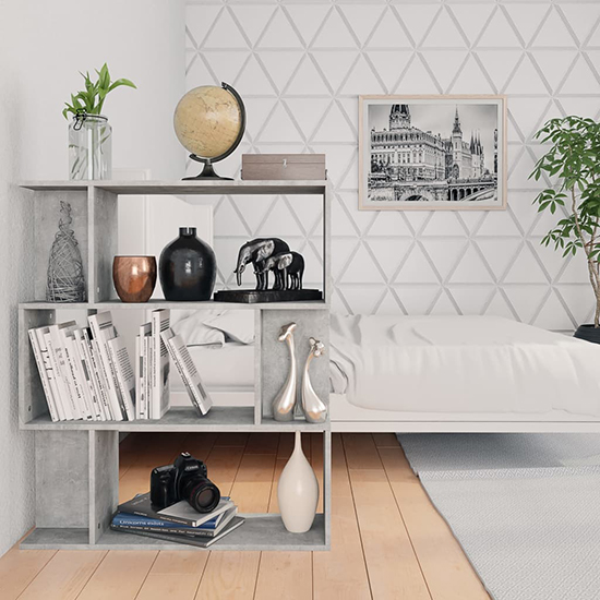 Tenley Wooden Bookcase And Room Divider In Concrete Effect
