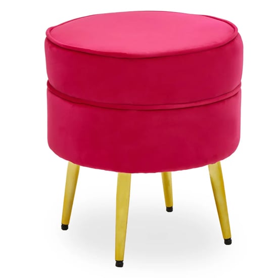 Teos Round Velvet Foot Stool In Bright Pink With Gold Legs
