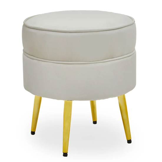 Teos Round Velvet Foot Stool In Cream With Gold Legs