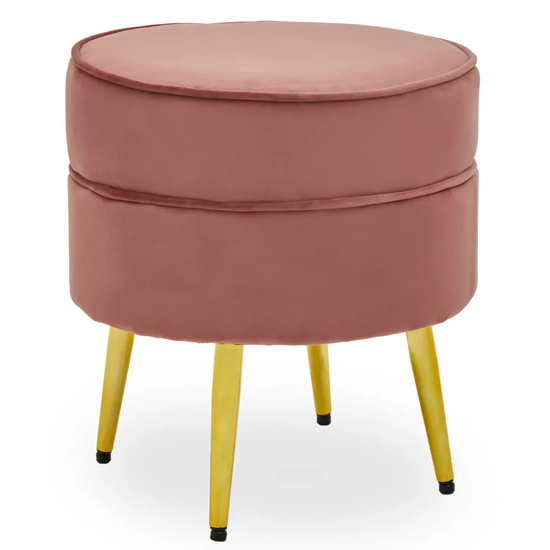 Read more about Teos round velvet foot stool in dusty pink with gold legs