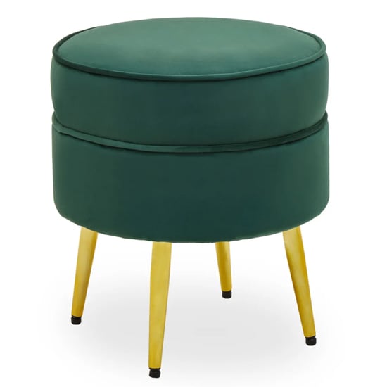 Product photograph of Teos Round Velvet Foot Stool In Emerald Green With Gold Legs from Furniture in Fashion