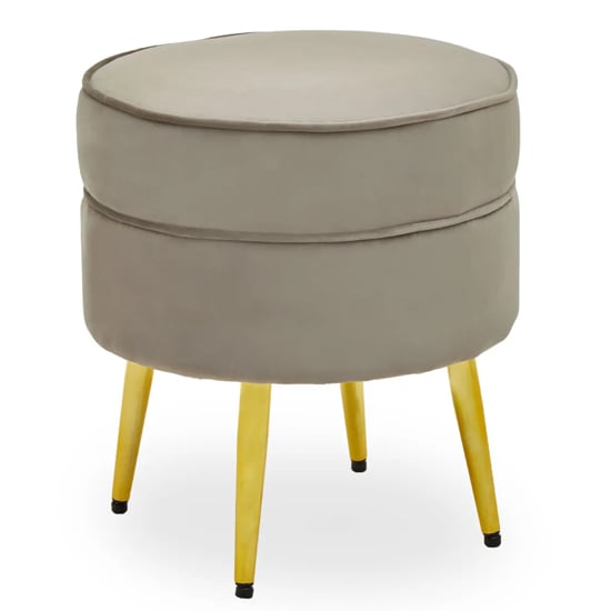 Product photograph of Teos Round Velvet Foot Stool In Mink With Gold Legs from Furniture in Fashion