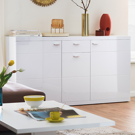 Tepic High Gloss Sideboard In White With 3 Doors And 1 Drawer
