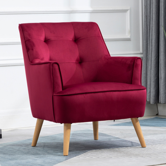 Terni Velvet Fabric Bedroom Chair In Dark Crimson With Oak Legs