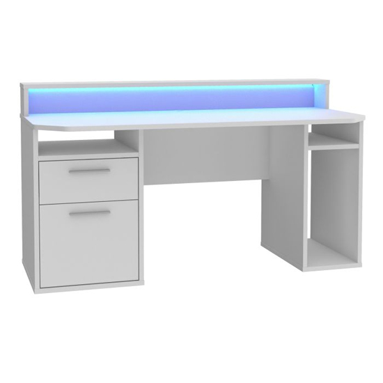 Terni Wooden Gaming Desk 1 Door 1 Drawer In White With Blue LED