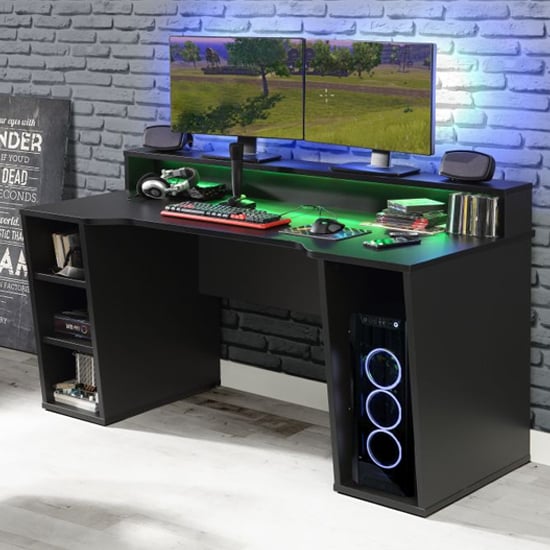 Terni Wooden Gaming Desk With 2 Shelves In Black And LED