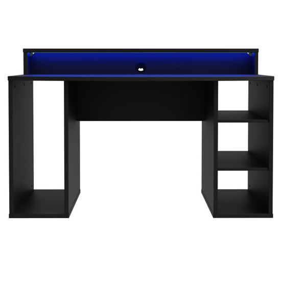 Terni Wooden Gaming Desk 2 Shelves In Matt Black With Blue LED