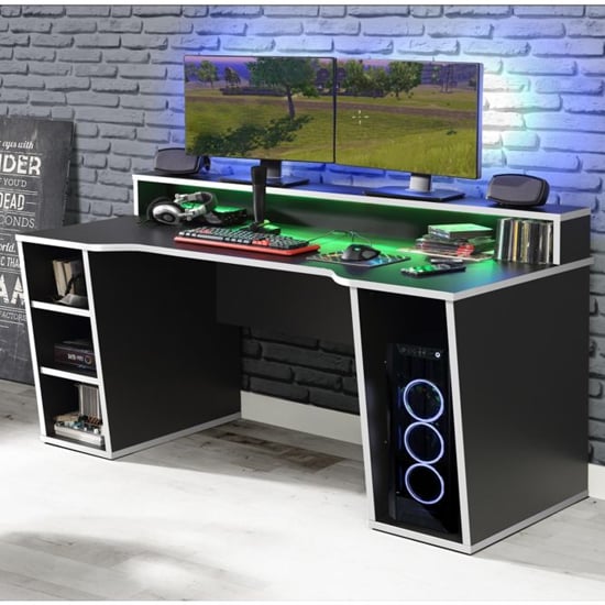 Terni Wooden Gaming Desk In Black With White Trim And LED