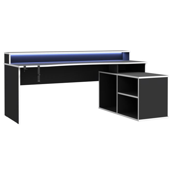 Terni Wooden Gaming Desk Corner In Black With White Trim And LED