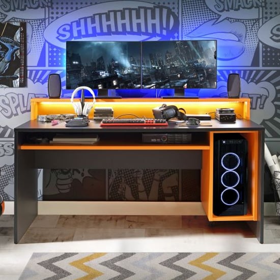 Terni Wooden Gaming Desk In Matt Black And Orange With LED