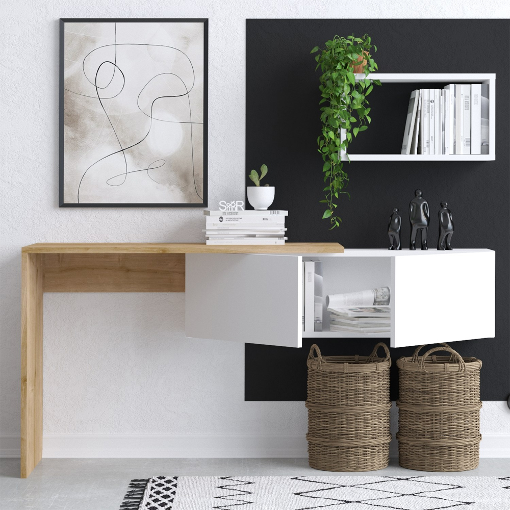Teroa Wooden Laptop Desk with Wall Shelf in White and Oak