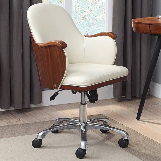View Terrence faux leather office chair in cream and walnut finish