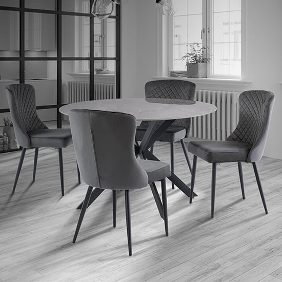 Photo of Terri 120cm grey marble dining table 4 helmi graphite chairs