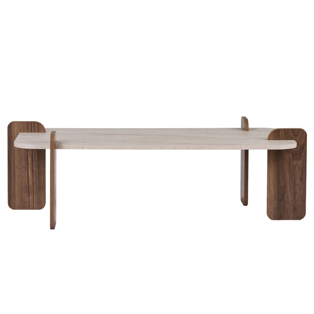 Tervan Rectangular Wooden Coffee Table in Travertine Marble Effect and Walnut