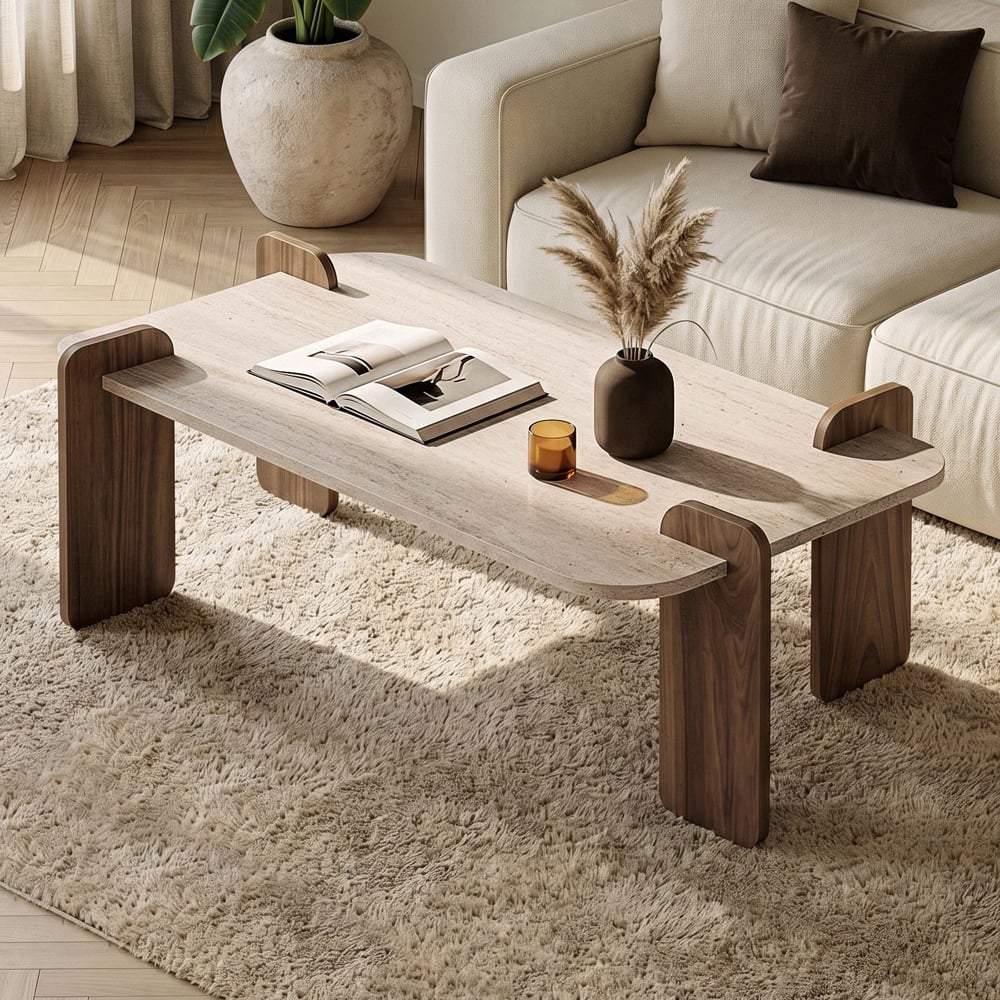 Tervan Rectangular Wooden Coffee Table in Travertine Marble Effect and Walnut