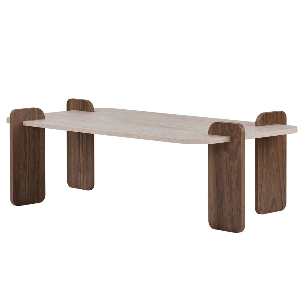 Tervan Rectangular Wooden Coffee Table in Travertine Marble Effect and Walnut