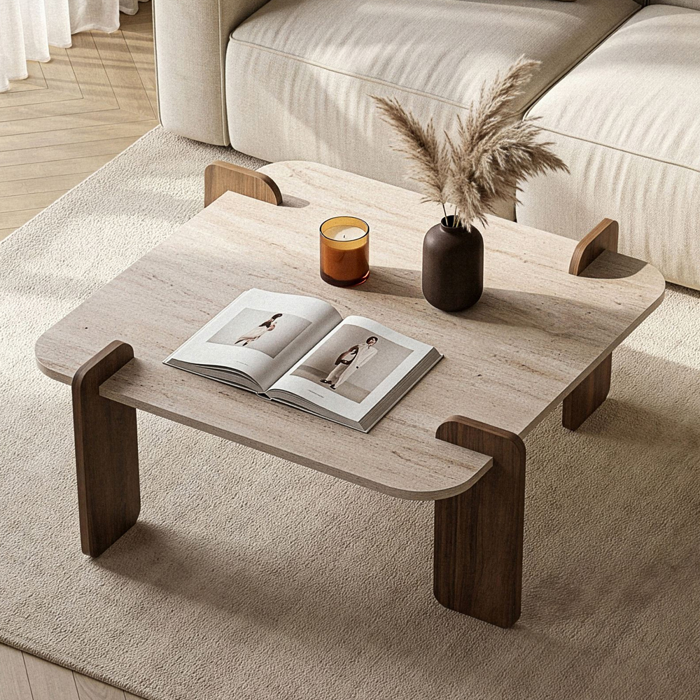 Albury Square Wooden Coffee Table in Travertine Marble Effect and Walnut
