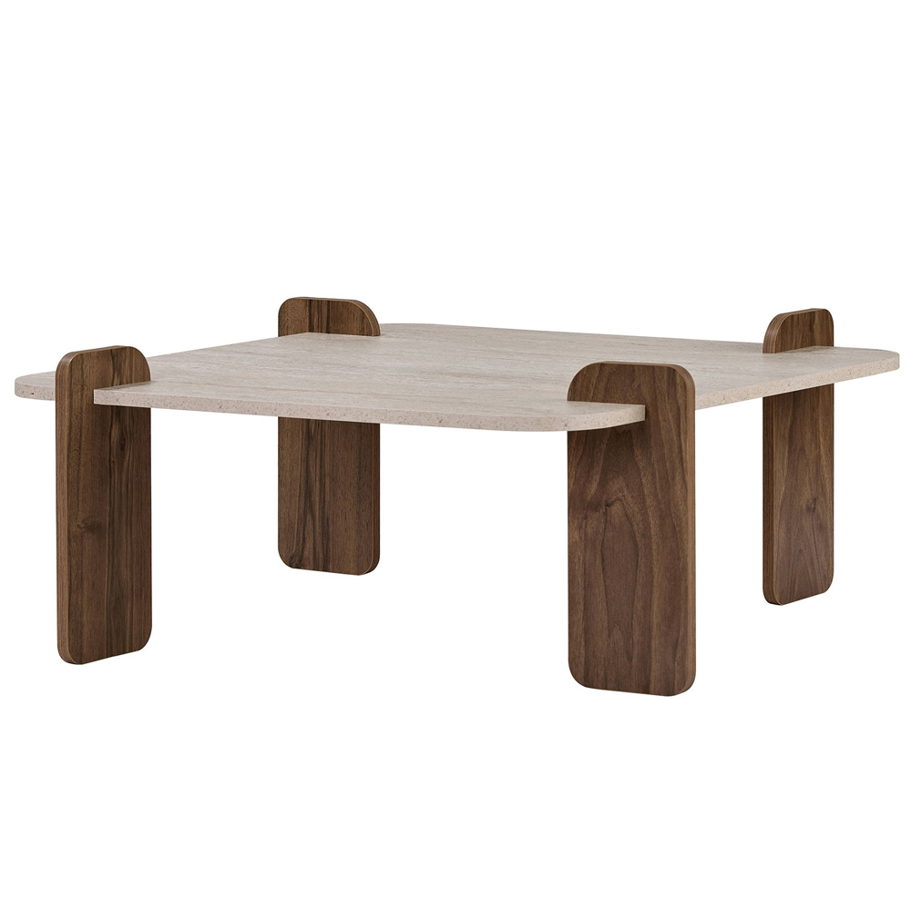 Albury Square Wooden Coffee Table in Travertine Marble Effect and Walnut