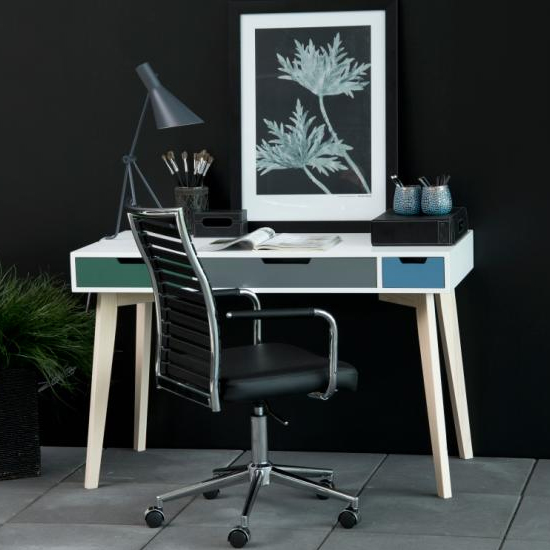 Read more about Tess wooden laptop desk in white with 3 multi-coloured drawers