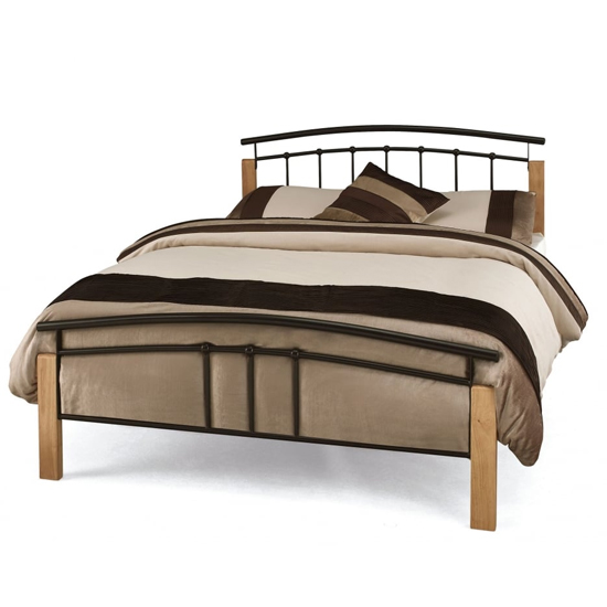 Read more about Tetras metal double bed in black with beech posts