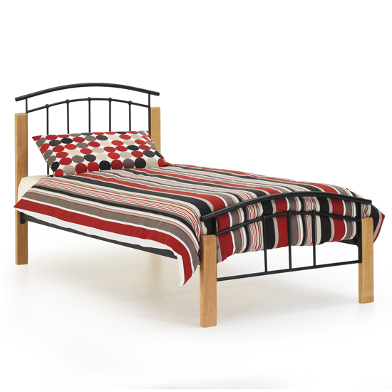 Photo of Tetras metal single bed in black with beech posts