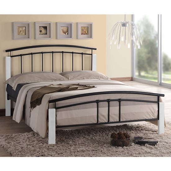 Photo of Tetron metal double bed in black with white wooden posts